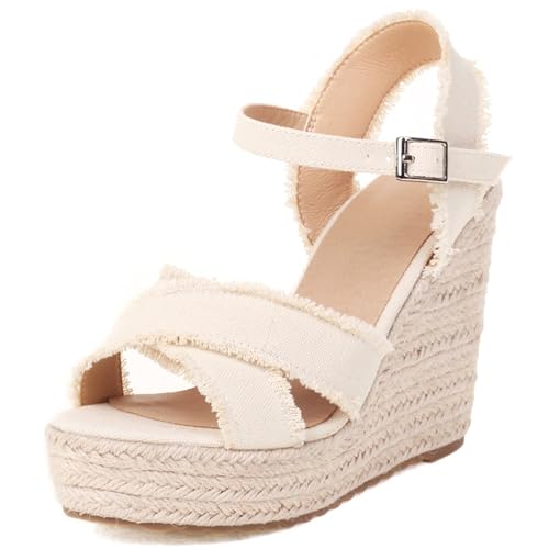 Damen Plateau Espadrille Hohen Keilabsatz Knöchelriemchen 240458 Sandals Weiß Gr 37 EU/38Cn von Asterisco