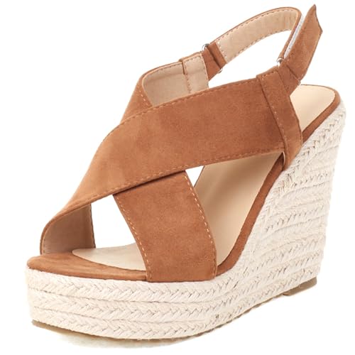 Damen Plateau Espadrille Hohen Keilabsatz Knöchelriemchen 240459 Sandals Braun-Tuo Gr 44 EU/46Cn von Asterisco
