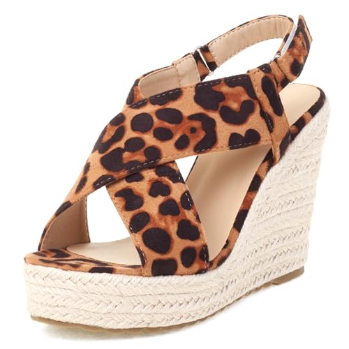Damen Plateau Espadrille Hohen Keilabsatz Knöchelriemchen 240459 Sandals Leopard-Print Gr 41 EU/43Cn von Asterisco