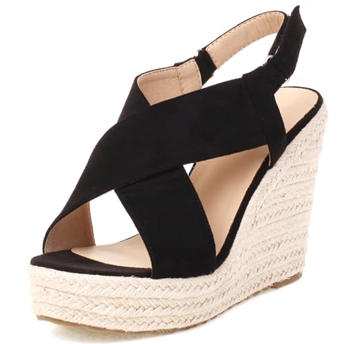 Damen Plateau Espadrille Hohen Keilabsatz Knöchelriemchen 240459 Sandals Schwarz Gr 36.5 EU/37Cn von Asterisco