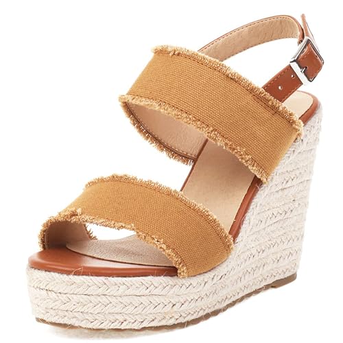 Damen Plateau Espadrille Hohen Keilabsatz Knöchelriemchen 240460 Sandals Braun Gr 37 EU/38Cn von Asterisco