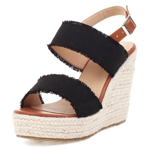 Damen Plateau Espadrille Hohen Keilabsatz Knöchelriemchen 240460 Sandals Schwarz Gr 36.5 EU/37Cn von Asterisco
