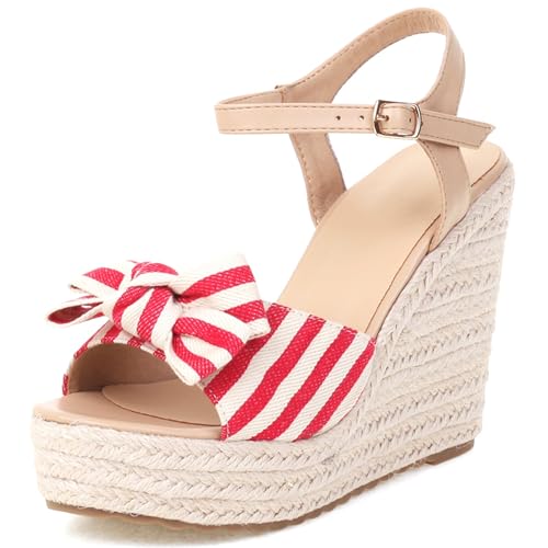 Damen Plateau Espadrille Hohen Keilabsatz Knöchelriemchen 240462 Sandals Rot Gr 40 EU/41Cn von Asterisco