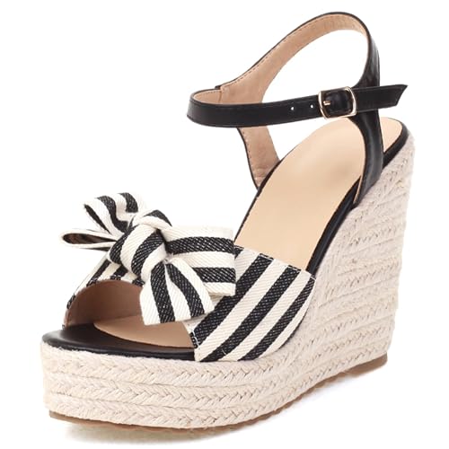 Damen Plateau Espadrille Hohen Keilabsatz Knöchelriemchen 240462 Sandals Schwarz Gr 38 EU/39Cn von Asterisco