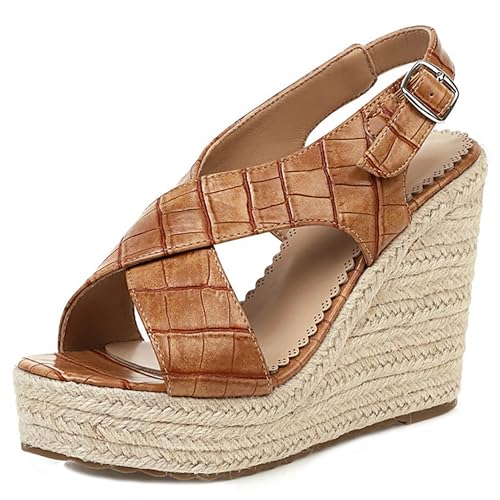 Damen Plateau Espadrille Hohen Keilabsatz Knöchelriemchen 240464 Sandals Braun-Tuo Gr 41 EU/43Cn von Asterisco