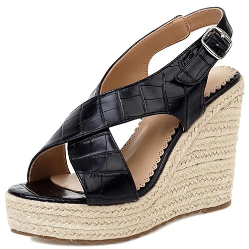 Damen Plateau Espadrille Hohen Keilabsatz Knöchelriemchen 240464 Sandals Schwarz Gr 42 EU/44Cn von Asterisco