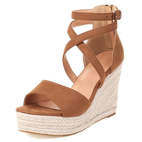 Damen Plateau Espadrille Hohen Keilabsatz Knöchelriemchen 240466 Sandals Braun-Tuo Gr 41 EU/43Cn von Asterisco