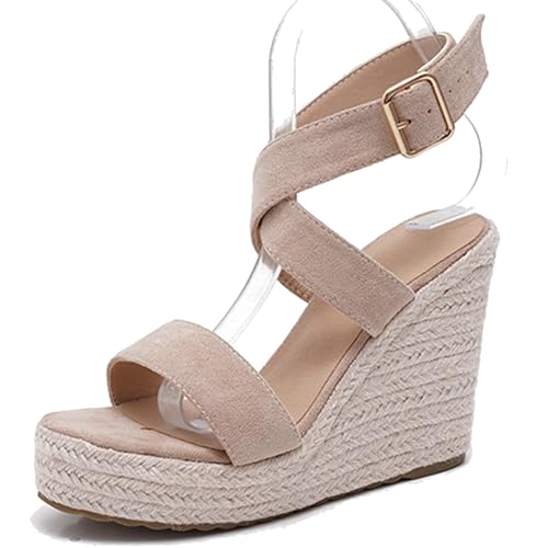Damen Plateau Espadrille Hohen Keilabsatz Knöchelriemchen 240467 Sandals Aprikose Gr 38 EU/39Cn von Asterisco