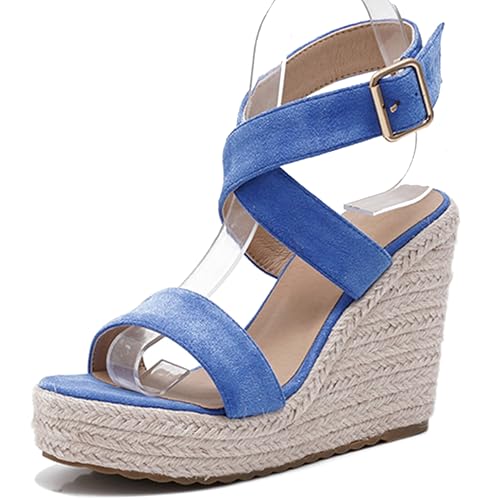 Damen Plateau Espadrille Hohen Keilabsatz Knöchelriemchen 240467 Sandals Blau Gr 40.5 EU/42Cn von Asterisco