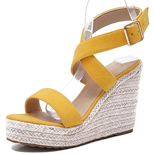 Damen Plateau Espadrille Hohen Keilabsatz Knöchelriemchen 240467 Sandals Gelb Gr 42 EU/44Cn von Asterisco