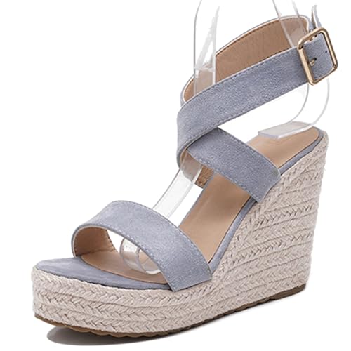 Damen Plateau Espadrille Hohen Keilabsatz Knöchelriemchen 240467 Sandals Grau Gr 40 EU/41Cn von Asterisco
