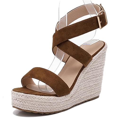 Damen Plateau Espadrille Hohen Keilabsatz Knöchelriemchen 240467 Sandals Kaffee Gr 42 EU/44Cn von Asterisco