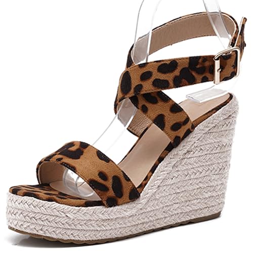 Damen Plateau Espadrille Hohen Keilabsatz Knöchelriemchen 240467 Sandals Leopard-Print Gr 40.5 EU/42Cn von Asterisco