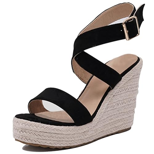 Damen Plateau Espadrille Hohen Keilabsatz Knöchelriemchen 240467 Sandals Schwarz Gr 36.5 EU/37Cn von Asterisco