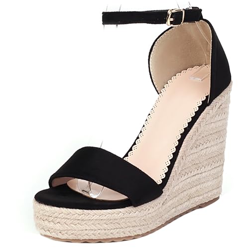 Damen Plateau Espadrille Hohen Keilabsatz Knöchelriemchen 240468 Sandals Schwarz Gr 35 EU von Asterisco