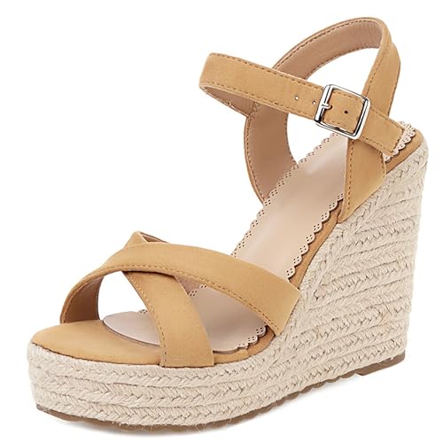 Damen Plateau Espadrille Hohen Keilabsatz Knöchelriemchen 240471 Sandals Aprikose Gr 41 EU/43Cn von Asterisco