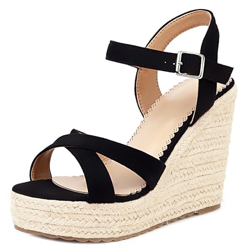 Damen Plateau Espadrille Hohen Keilabsatz Knöchelriemchen 240471 Sandals Schwarz Gr 39 EU/40Cn von Asterisco