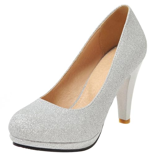 Pumps mit Damen Kegel Ferse mit Plateau Glitzer Höhe Ferse Schuhe Runde Zehen Ohne Verschluss Elegant Glitzer Schuhe, O426Wv Silber Gr 38 EU/39Cn Pumps mit Damen Kegel Ferse mit Plateau Glitzer Höhe Ferse Schuhe Runde Zehen Ohne Verschluss Elegant Glitzer Schuhe, O426Wv Silber Gr 38 EU/39Cn von Asterisco