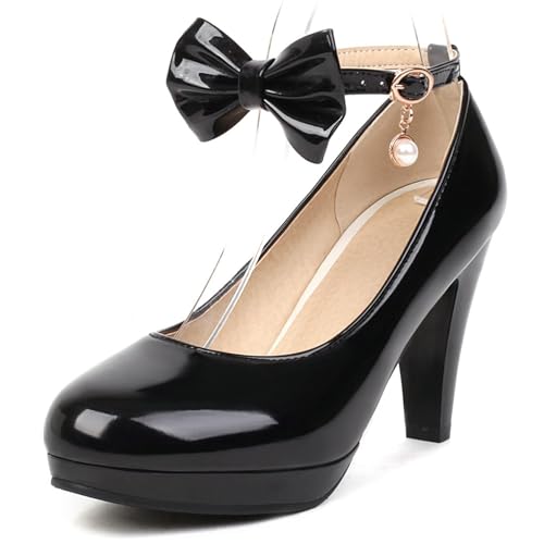 Pumps mit Damen Kegel Ferse mit Plateau Knöchelriemchen Bogen Höhe Ferse Schuhe Runde Zehen Schnalle Elegant Schuhe, D25737Rb Schwarz Gr 41 EU/43Cn von Asterisco