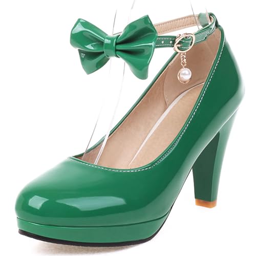 Pumps mit Damen Kegel Ferse mit Plateau Knöchelriemchen Bogen Höhe Ferse Schuhe Runde Zehen Schnalle Elegant Schuhe, O24619Fg Grün Gr 33.5 EU/33Cn von Asterisco