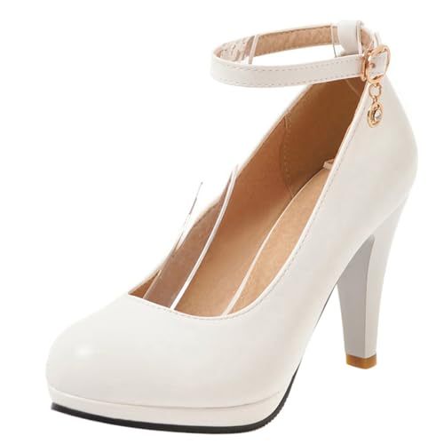 Pumps mit Damen Kegel Ferse mit Plateau Knöchelriemchen Höhe Ferse Schuhe Runde Zehen Schnalle Elegant Brautschuhe, F2337Pg Weiß Gr 33.5 EU/33Cn von Asterisco