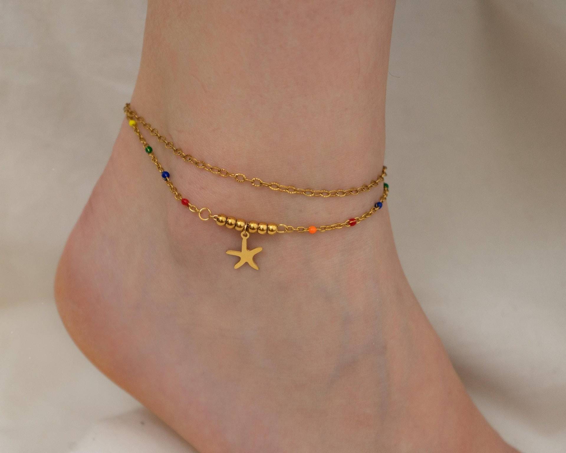 Gold Doppelstrang Seestern Fußkette Edelstahl Kette Regenbogen Emaille Wasserdicht Verstellbar Wasserfest Armband Frauen Gold Doppelstrang Seestern Fußkette Edelstahl Kette Regenbogen Emaille Wasserdicht Verstellbar Wasserfest Armband Frauen von Asterodea