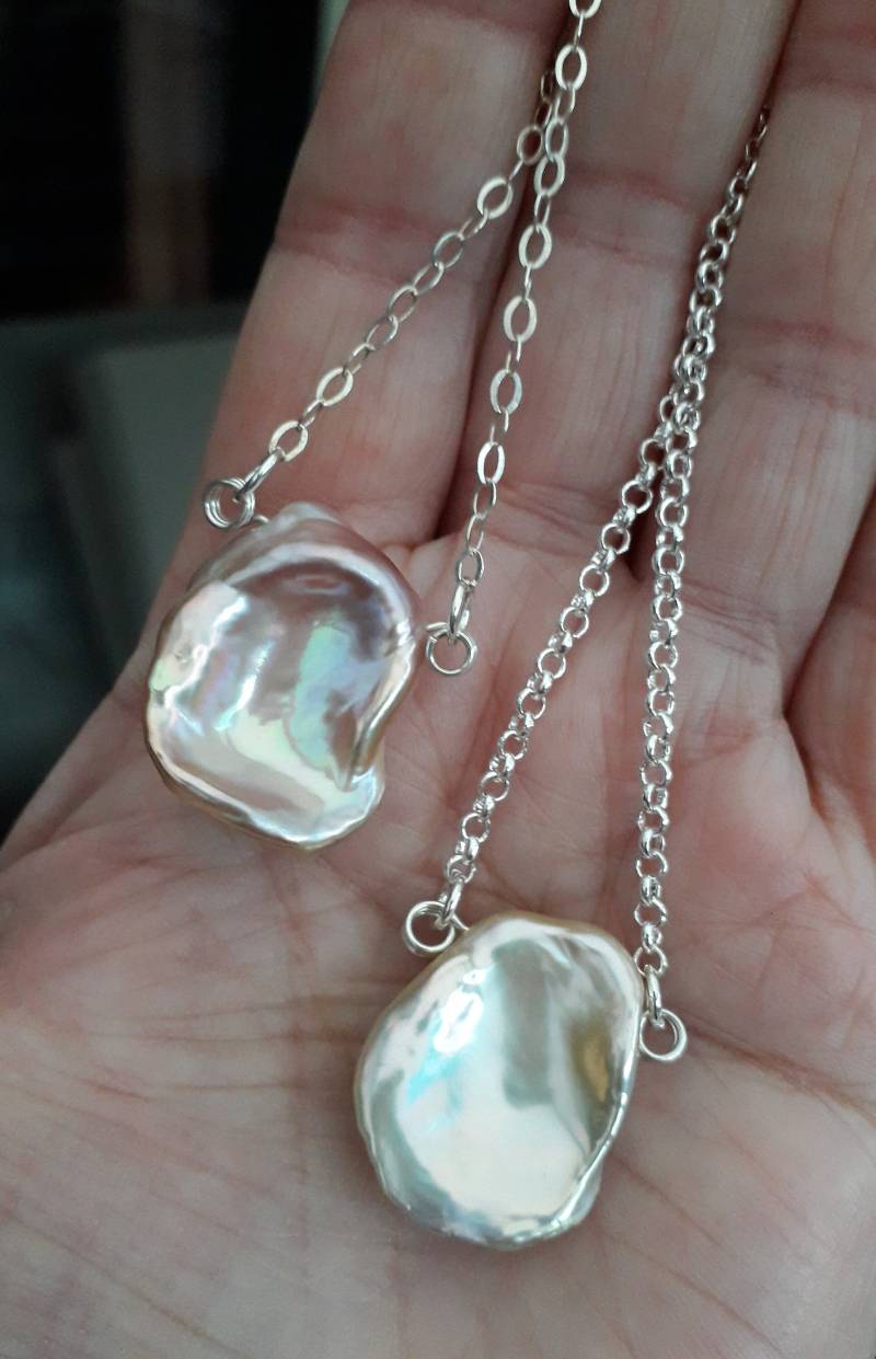 Barock Perlen Halskette, Große Regenbogen Süßwasserperlen, Sterling Silber 925 Kettenhalskette, Keshi Perlenanhänger, Geschenk Für Sie, Handgemacht von Astersilk