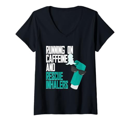 Damen Asthma Asthmatiker Caffeine and Rescure Inhalers T-Shirt mit V-Ausschnitt Damen Asthma Asthmatiker Caffeine and Rescure Inhalers T-Shirt mit V-Ausschnitt von Asthma Asthma Awareness Tag