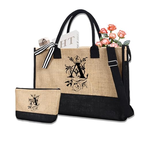 Astis Strandtasche mit reißverschluss mit Kosmetiktasche, personalisierte Initiale Leinwand Tragetasche, Schultertasche Shopper für Frauen Freundin Brautjungfer Geburtstage, Jahrestag, Muttertag von Astis