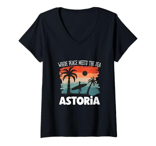 Damen Friede am Meer - Astoria T-Shirt mit V-Ausschnitt von Astoria in Oregon Designs