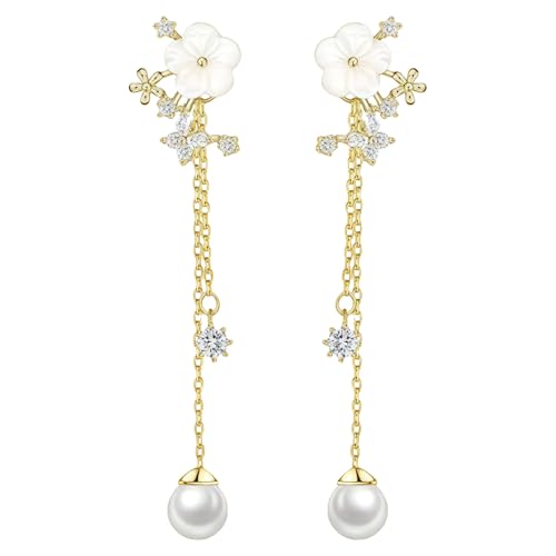 AstraGlam 14K Vergoldete Perlenohrringe Hängend – Blumendesign Mit Eleganter Perlenquaste, Lange Ohrringe Für Damen, Ideal Als Schmuck Für Hochzeit Und Party von AstraGlam