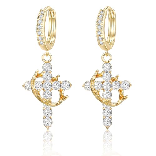 AstraGlam 18K Vergoldete Ohrringe Gold Hängend Damen–Kronen & Kreuz Design Statement Ohrringe–Elegante Goldene Ohrringe Huggie Ohrschmuck Geschenkidee von AstraGlam
