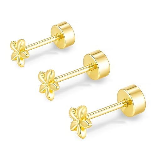 AstraGlam 3 Paar Ohrstecker Gold 14K – Flache Rückseite Ohrstecker in 3 Größen (3/4/5mm), Hypoallergene Ohrringe Gold für Damen, Helix Piercing Schmuck von AstraGlam
