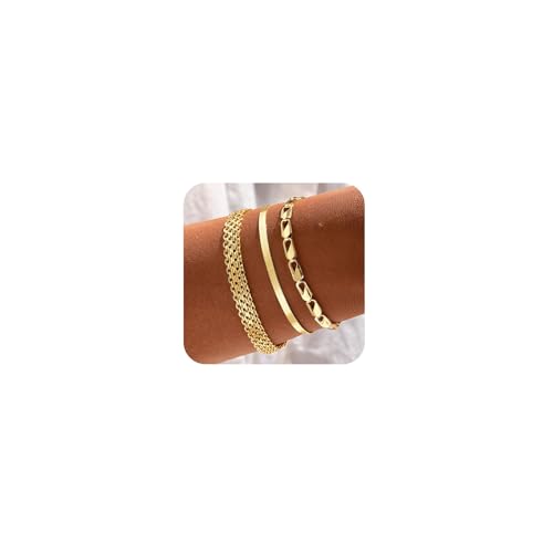 AstraGlam 3Stück Armband Damen Gold 14K Vergoldet Set,Verstellbare Edelstahl Armbänder Gold Wasserfest,Stackable Armband Gold Damen Schmuck Für Alltag & Geschenk von AstraGlam