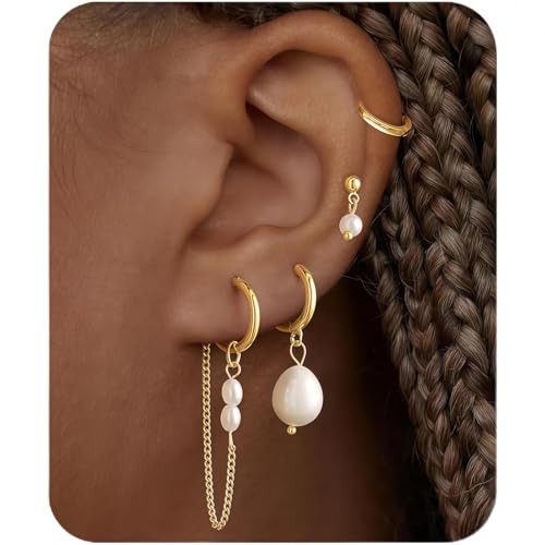 AstraGlam 4 Paar Perlenohrringe zum Stapeln für Damen, Ohrringe Gold Hängend, Trendiges Drop Chain Set, Mehrfaches Piercing, Filigraner Schmuck aus 18K Gold, Perlen Ohrringe von AstraGlam