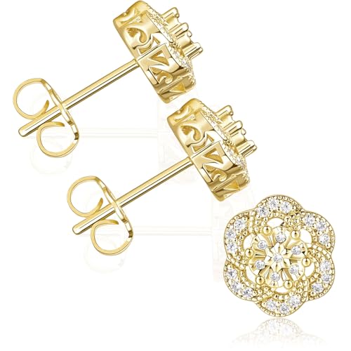 AstraGlam Damen Ohrstecker mit 14K Goldplattierung und Zirkonia Besatzung, Blumenform Design, Schmetterlingsform Design am Ende, hypoallergisch, geeignet für empfindliche Haut, elegante Ohrringe für von AstraGlam