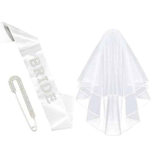 JGA Accessoires für Bride to Be 3 Stück, Braut Schärpe weißer Brautschleier für Junggesellinnenabschied wird mit einer Strassbrosche geliefert, Accessoires für Bachelorette Party von AstraGlam