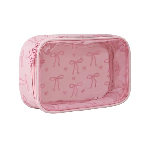 Transparente Schminktasche Damen Mädchen, Kosmetiktasche Kleine mit Rosa Schleife, Niedrige Make up Bag für Handtasche, Kulturtasche, Geschenkidee für Freundin, Mama, Brautjungfer von AstraGlam