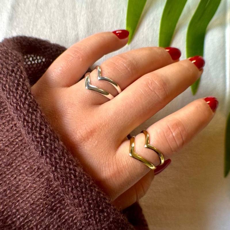 Chevron Ring Set, 925 Sterling Silver, Adjustable Dainty For Women, Minimalist Ring, Cocktail Unique Perfect Gift Her von AstraVeraBoutique