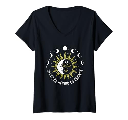 Damen Himmlisches Sonnenmond-Geschenk für Astrologieliebhaber, kosmisch T-Shirt mit V-Ausschnitt von Astro Vibes, Spiritual Energy, Lunar Phase Merch