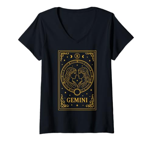 Damen Gemini Tarot Card T-Shirt mit V-Ausschnitt von Astrologie Sternzeichen Zwillinge Horoskop Tarot