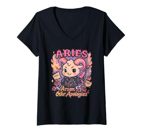 Damen Widder Sternzeichen Arson Over Apologies Lustig T-Shirt mit V-Ausschnitt von Astrology Fire Sign Meme Chaotic Aries Apparel