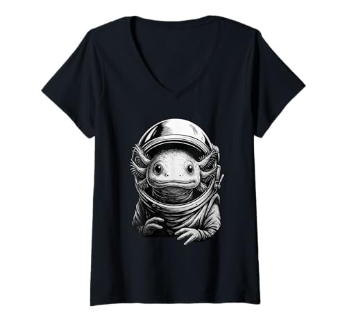 Damen Space Astronaut Axolotl T-Shirt mit V-Ausschnitt von Astronaut Axolotl Space Apparel