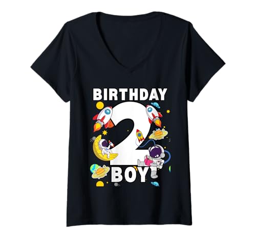 Damen Astronaut Space Planets 2. Geburtstag für Jungen, 2 Jahre alt T-Shirt mit V-Ausschnitt von Astronaut Birthday Ideas Family Kids Men Women