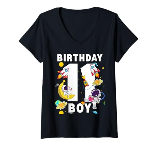 Damen Jungen 11. Geburtstag Astronaut Space Planets Eleven Years old T-Shirt mit V-Ausschnitt Damen Jungen 11. Geburtstag Astronaut Space Planets Eleven Years old T-Shirt mit V-Ausschnitt von Astronaut Birthday Ideas Family Kids Men Women