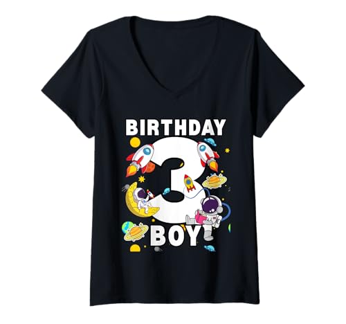 Damen Jungen 3. Geburtstag Astronaut Space Planets Three Years old T-Shirt mit V-Ausschnitt von Astronaut Birthday Ideas Family Kids Men Women