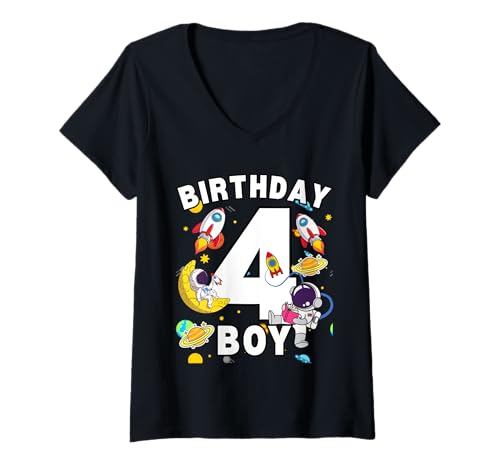 Damen Jungen 4. Geburtstag Astronaut Space Planets 4 Jahre alt T-Shirt mit V-Ausschnitt Damen Jungen 4. Geburtstag Astronaut Space Planets 4 Jahre alt T-Shirt mit V-Ausschnitt von Astronaut Birthday Ideas Family Kids Men Women
