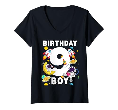 Damen Jungen 9. Geburtstag Astronaut Space Planets Nine Years old T-Shirt mit V-Ausschnitt Damen Jungen 9. Geburtstag Astronaut Space Planets Nine Years old T-Shirt mit V-Ausschnitt von Astronaut Birthday Ideas Family Kids Men Women