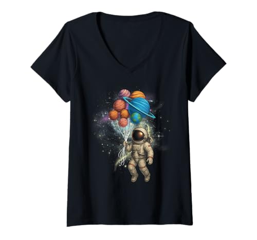 Damen Astronaut hält Planet Luftballons Jungen Mädchen Kinder T-Shirt mit V-Ausschnitt Damen Astronaut hält Planet Luftballons Jungen Mädchen Kinder T-Shirt mit V-Ausschnitt von Astronaut Holding Balloons In Space Graphic