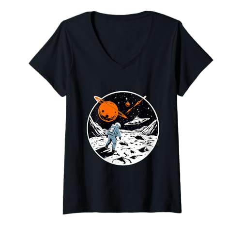 Damen Lunar Explorer Raumschiff Astronaut Anzug Weltraumreise T-Shirt mit V-Ausschnitt Damen Lunar Explorer Raumschiff Astronaut Anzug Weltraumreise T-Shirt mit V-Ausschnitt von Astronaut Moon Ufo Planet Space Explore